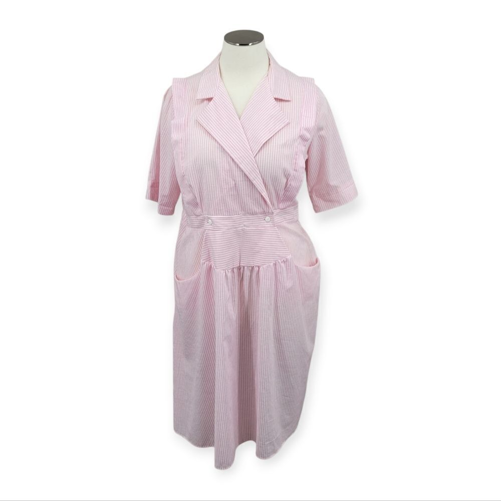 Alicia Vintage 80s Pastel Pink Striped Short Sleeve Midi Dress Candy Stripper